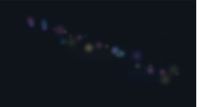 Abstract diagonal arrangement of colorful bokeh light orbs on deep dark background for creative art