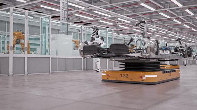 Camera moves through AGVs loaded with Electric Car Chassis in Fully Automated Modern Autonomous Electric Car Factory. AI-powered Humanoid Robots and Robotic Arms in Background. 3d Animation Render
