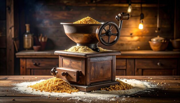 A vintage hand cranked grain mill grinding dried heirloom corn kernels into coarse flour in a rustic wooden kitchen setting.