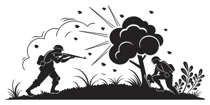 World war soldiers in battlefield fighting near exploding tree silhouette with battlefield fighting military explosion infantry silhouette conflict historical illustration background