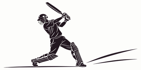 Black and white silhouette of a professional cricket batsman playing a powerful shot with cricket player silhouette cricketer striking equipment professional competition physical activity © Eva