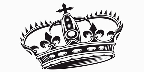 Detailed royal crown graphic with cross symbol fleur de lis monarchy sovereign ornament heraldic authority illustration monochrome isolated prestige detailed decorative majestic © Eva