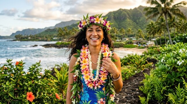 A woman in a blue dress with a floral headpiece and a lei, walking along a path with a beach and mountains in the background.