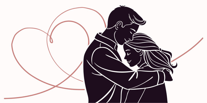 Romantic illustration of a man embracing a woman with a stylized heart shape outline behind them relationship affection romantic intimacy silhouette together connection valentine devotion