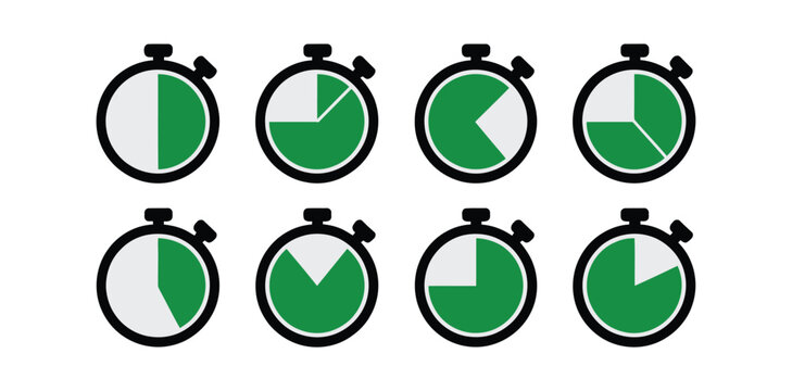 Pie chart icon vector illustration set with green data segments inside black circles for analytics, reporting, and visual statistics design