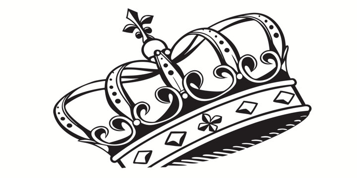 Elegant royal crown icon black and white illustration with monarchy sovereign ornament heraldic authority illustration monochrome isolated prestige detailed decorative majestic silhouette