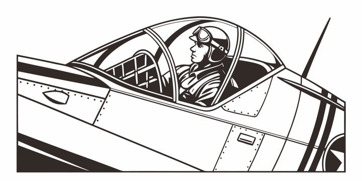Pilot inside the cockpit of a classic military airplane detailed black and white line art illustration airplane aviation aircraft warplane military historical aviationart planeinterior