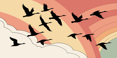 Flock of geese in flight against retro stylized colorful rainbow sky background with migration silhouette wildlife colorful aesthetic illustration abstract outdoors serenity stylized © Eva