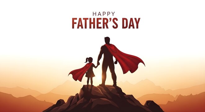 Happy Father's Day Greeting: Superhero Dad and Daughter Silhouette at Sunset