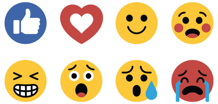 Social media reaction icons including thumbs up heart and various expressive emoji faces for digital communication vector illustration, flat style engagement reactions set for social networks, user 