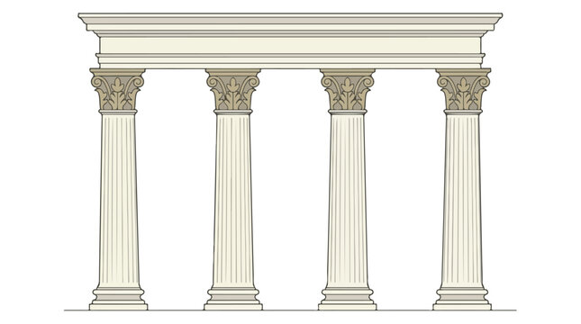 Symmetrical row of four classical columns with ornate Corinthian capitals and decorative entablature in line art
