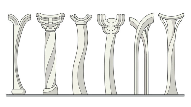 Row of six diverse architectural columns with ornate capitals, fluted shafts, and twisted designs in line drawing style