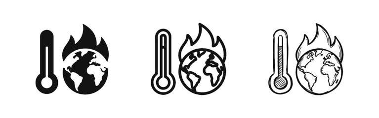 Global Warming and Climate Change Icon Set Featuring Earth on Fire and Thermometer © drawing lines