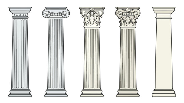 Line drawing of five classical architectural columns Doric Ionic Corinthian Tuscan and Composite orders