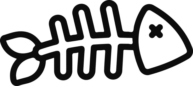 Cartoon style fish skeleton with thick outlines and cross eye, playful and simple black and white vector illustration