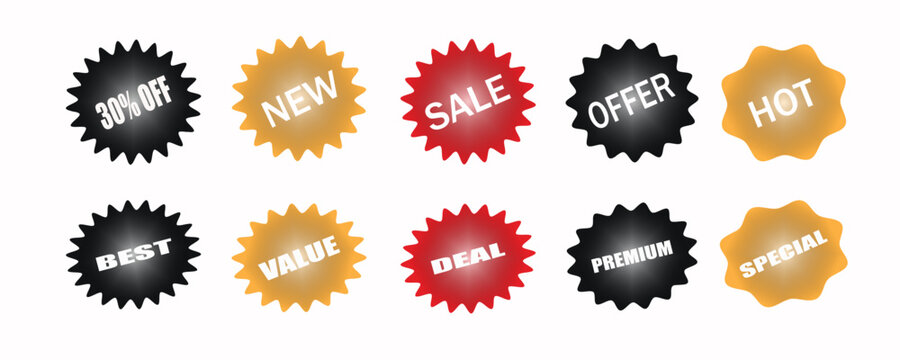 Collection of colorful sale banners and labels with jagged edges