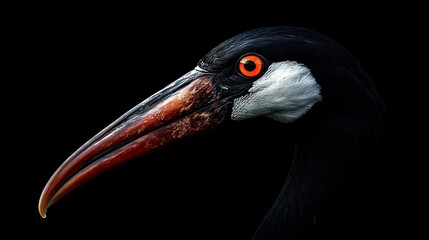 Fototapeta premium Close-up profile of a crane bird against black background. Potential use nature photography