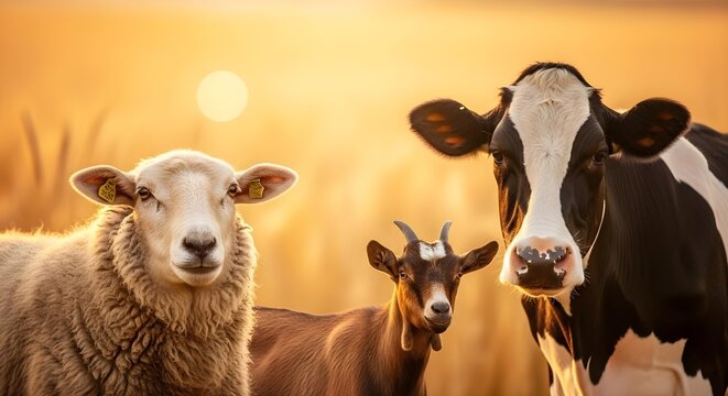 Farm Animals at Golden Hour: Portrait of a Cow, Sheep, and Goat in a Sunny Field