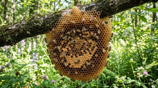 A honeycomb with bees on a tree branch in a forest setting.