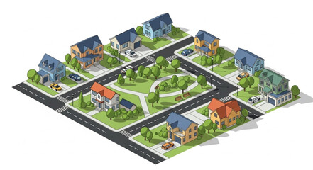 Fototapeta premium Suburban Neighborhood Isometric View Houses Street Park Trees.