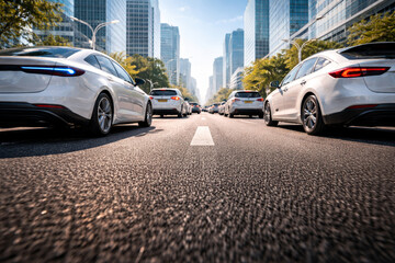 Fototapeta premium Busy city street lined with modern cars and skyscrapers