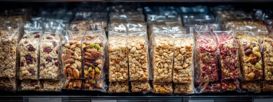 Assorted Granola Bars Packed on Grocery Shelf for Healthy Snack Inspiration