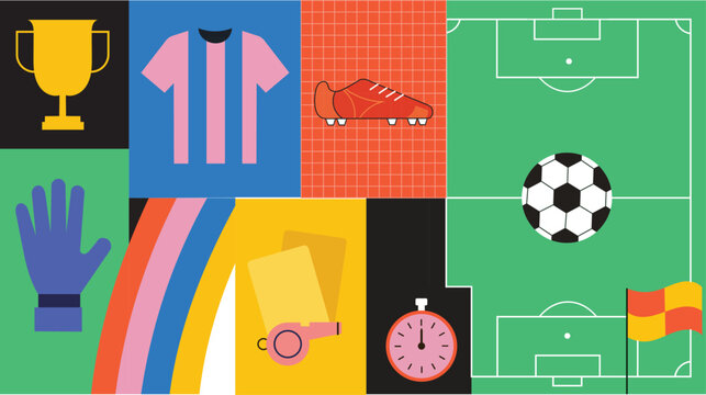 Vibrant soccer and football elements collection trophy, jersey, cleat, field, ball, glove, referee tools, stopwatch