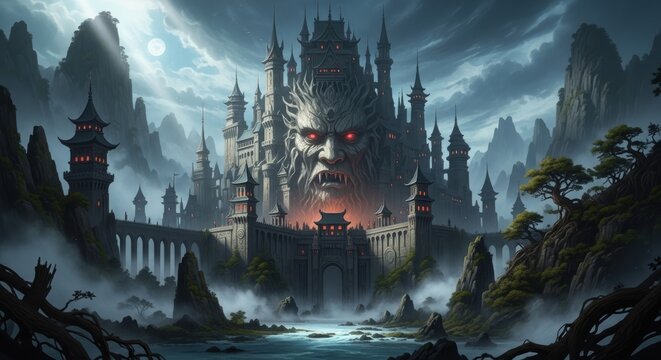 Dark fantasy fortress with giant demonic face, gothic mountain castle in misty moonlight, epic evil stronghold for gaming and cinematic concept art