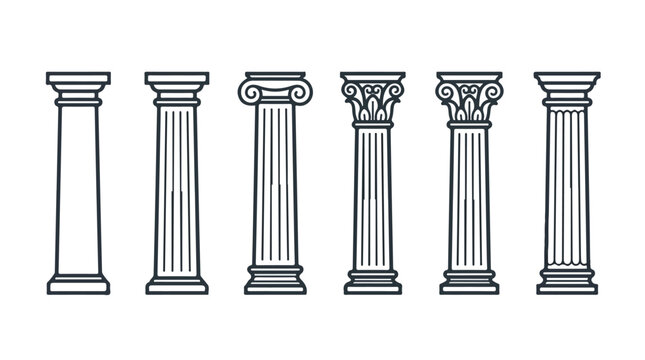 Elegant line art illustration of six classical architectural columns in Doric Ionic Corinthian and other styles