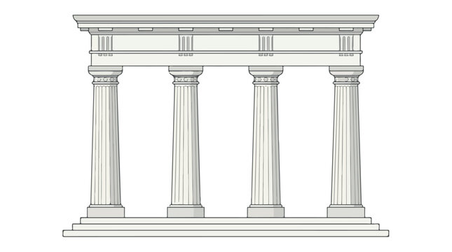 Classical Greek temple portico with four elegant Ionic columns and ornate triangular pediment in line art style