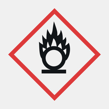 GHS03 oxidizing hazard symbol, flame over circle icon in red diamond