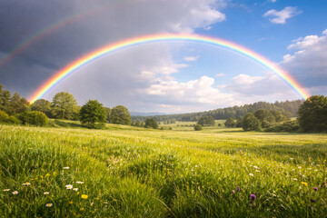Naklejka premium Vibrant rainbow arching over a lush green meadow landscape