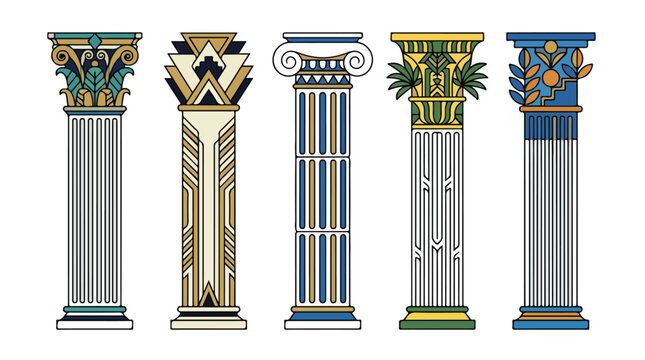 Illustrated set of classical architectural columns in Doric Ionic Corinthian and Art Deco styles with ornate capitals