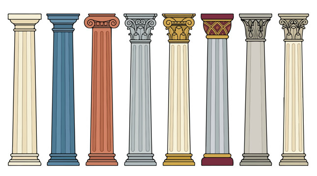 Collection of classical architectural columns in Doric Ionic Corinthian Tuscan and Composite orders in various colors
