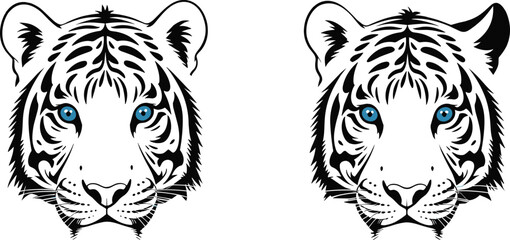 Professional vector illustration featuring two white tiger heads with striking blue eyes, including one standard portrait and one version with a distinctive notched ear. © Sanjina