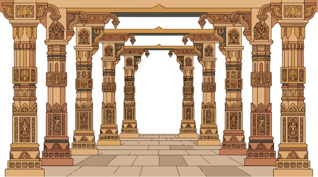 Grand hallway lined with ornate golden arches and intricately carved pillars in traditional temple architecture