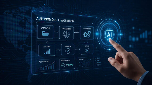 Autonomous AI Workflow Dashboard &mdash; Hand Touching Glowing AI Chip