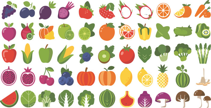 Large mega set of juicy cartoon fruits and vegetables healthy food concept bright colorful flat vector illustration collection