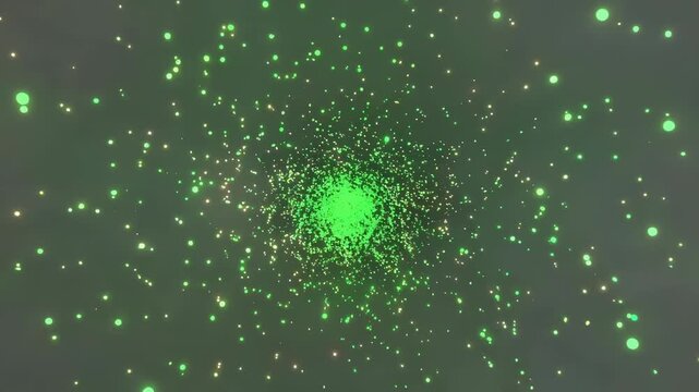 A vibrant green light effect radiates outward in a mesmerizing motion amidst numerous smaller glowing particles on a dark background.