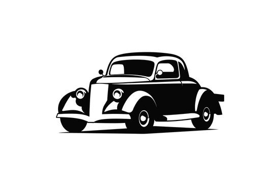 Vintage classic car vector illustration, retro antique coupe silhouette, black and white automotive graphic for garage t-shirt and poster design