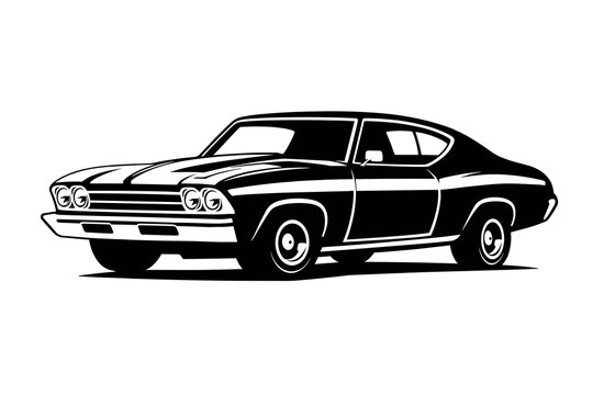 Vintage muscle car vector illustration, classic retro American coupe front perspective silhouette, black and white automotive graphic for garage t-shirt and poster design