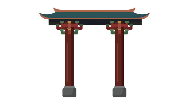 Ornate traditional Chinese paifang gate with red pillars and curved green roof in flat vector style
