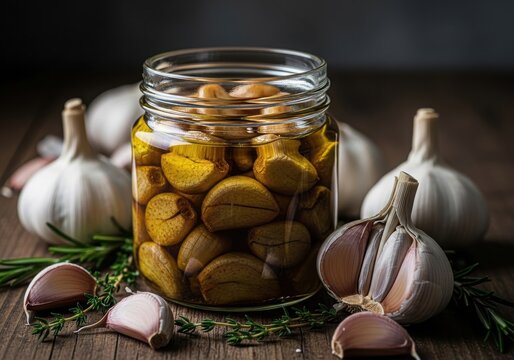 Preserved lemons in a jar with garlic and herbs