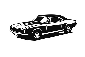 Obraz premium Vintage muscle car vector illustration, classic retro American sports coupe stripe design silhouette, black and white automotive graphic for garage t-shirt and poster design
