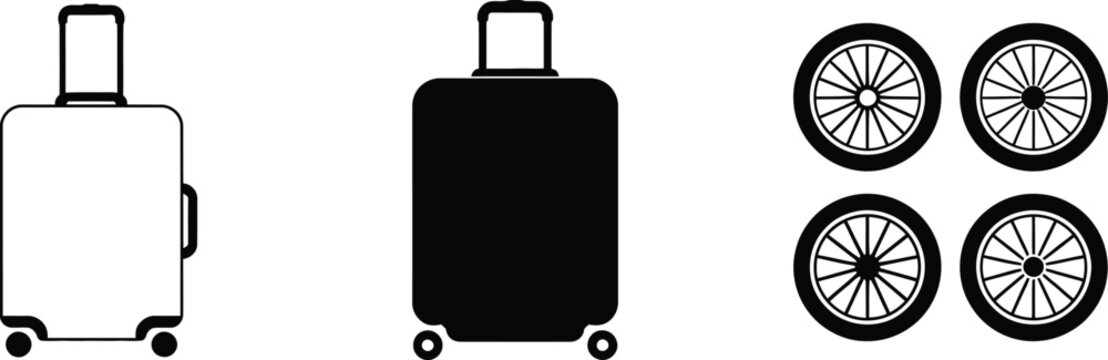 Suitcase wheels set solid black icon on white background featuring travel luggage suitcase wheel iconography and graphic design concept vector illustration