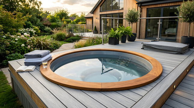 Luxury outdoor hot tub built into modern composite decking with garden view | Relaxation and wellness at home with garden spa and jacuzzi | Contemporary home architecture and elegant landscaping