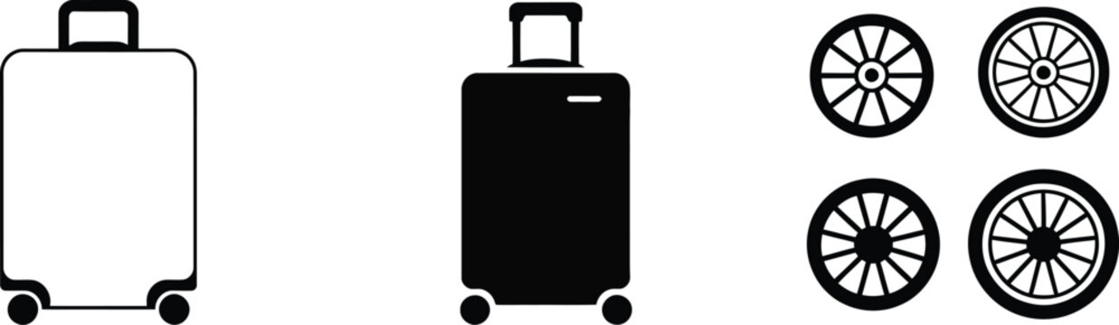 Suitcase wheels set solid black icon on white background showing travel luggage suitcase wheel elements with modern iconography and design concept
