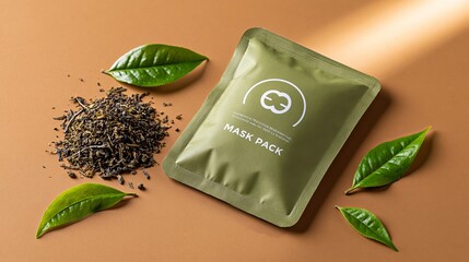 Naklejka premium Green tea mask pack with loose tea leaves and fresh green tea leaves arranged on a brown surface, showcasing natural skincare ingredients and packaging design