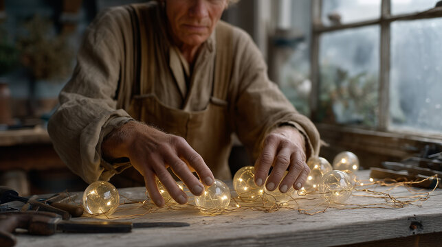 Weathered hands arranging luminous glass orbs connected by fine copper wire on a workshop bench, each orb glowing from within, representing networking nodes. Aged craftsman leaning close, tools scat