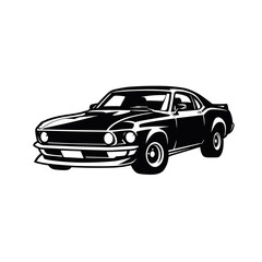 Obraz premium Vintage muscle car vector illustration, classic retro American sports coupe front perspective silhouette, black and white automotive graphic for garage t-shirt and poster design